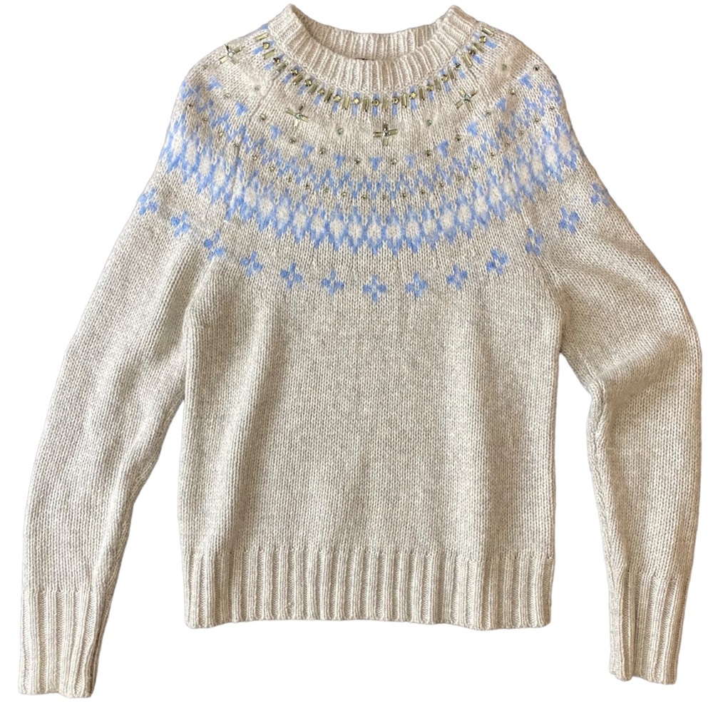 J. Crew Fair Isle Sweater Alpaca Merino Lambs Wool Crewneck Womens Sz XS Cream - Picture 9 of 13